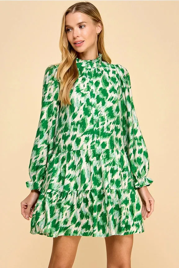 Animal Print Chic Mock Neckline Flowy Hem Dress