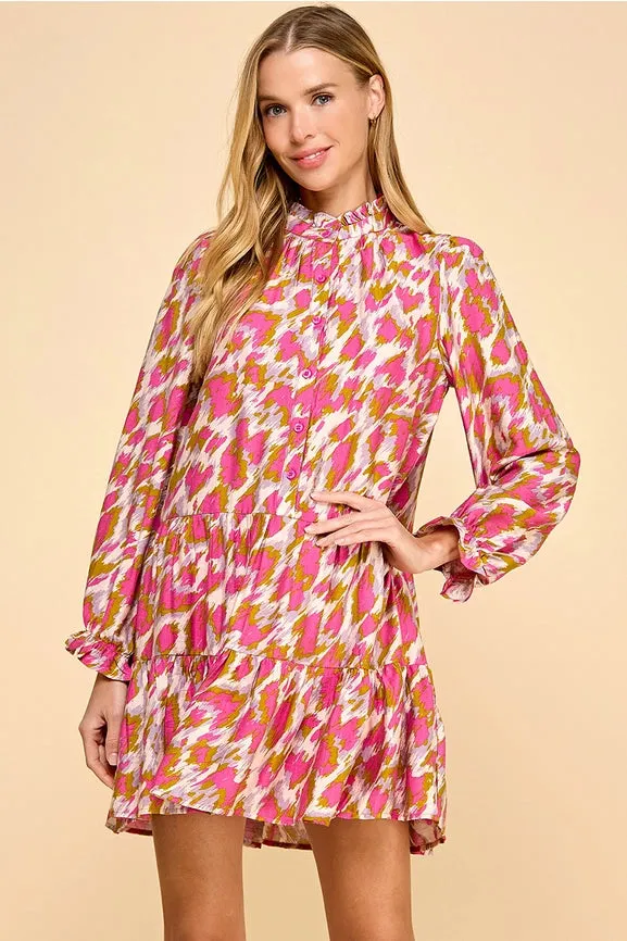 Animal Print Chic Mock Neckline Flowy Hem Dress