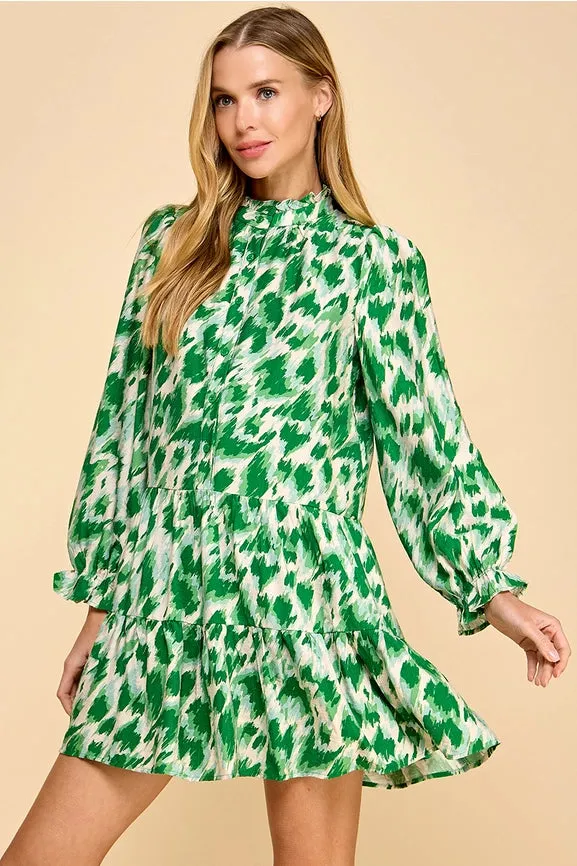 Animal Print Chic Mock Neckline Flowy Hem Dress
