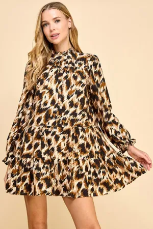 Animal Print Chic Mock Neckline Flowy Hem Dress