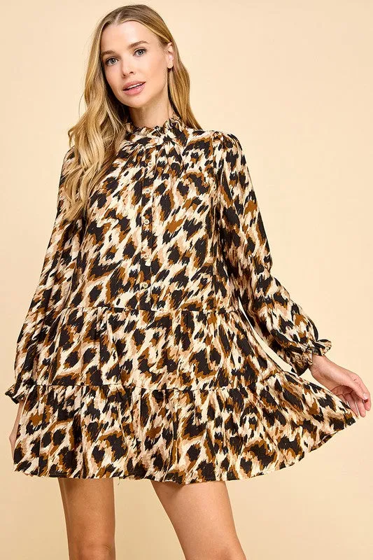 Animal Print Chic Mock Neckline Flowy Hem Dress
