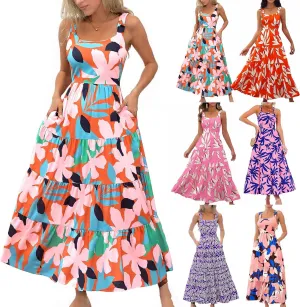 Boho Dresses for Women 2025 Vacation Beach Summer Tropical Maxi Dresses Hawaiian Floral Sleeveless Long Sundress