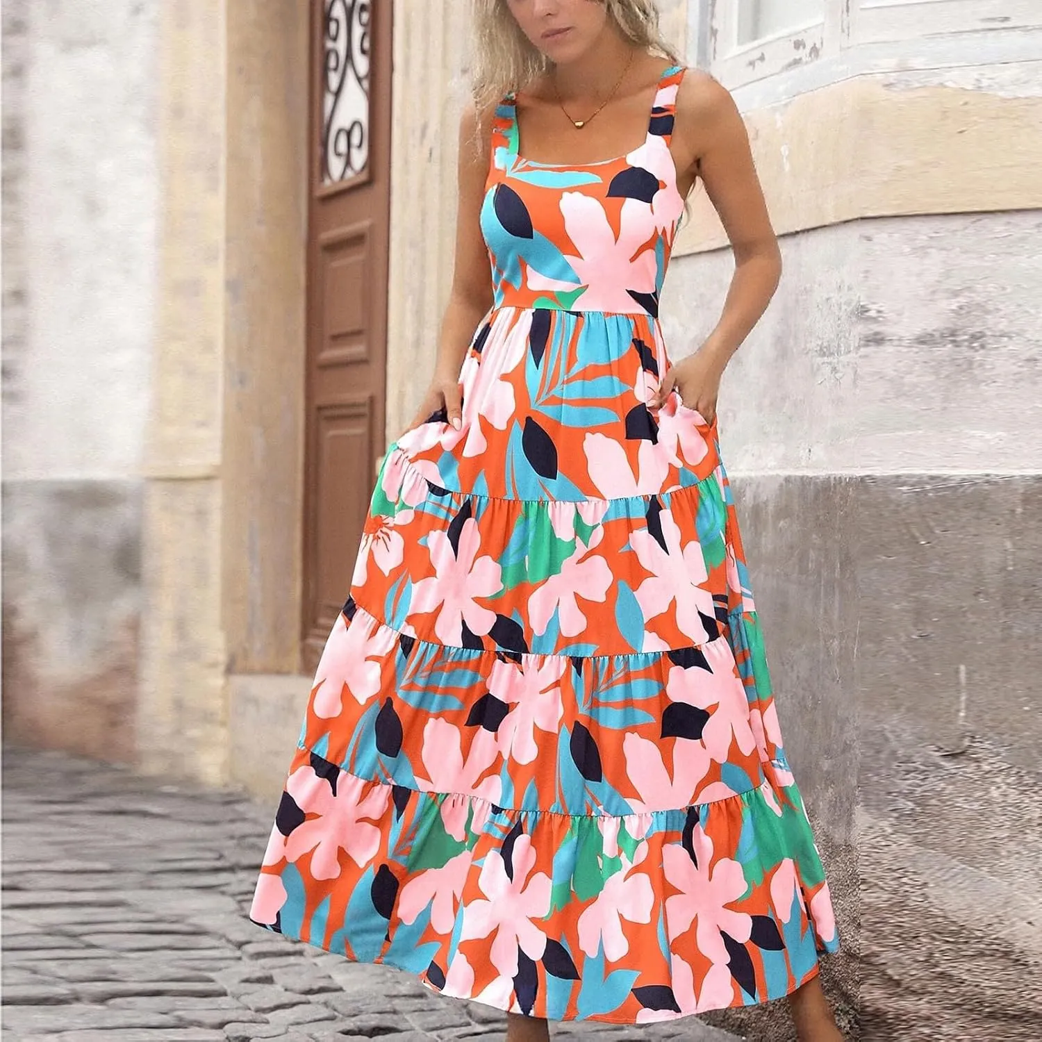 Boho Dresses for Women 2025 Vacation Beach Summer Tropical Maxi Dresses Hawaiian Floral Sleeveless Long Sundress