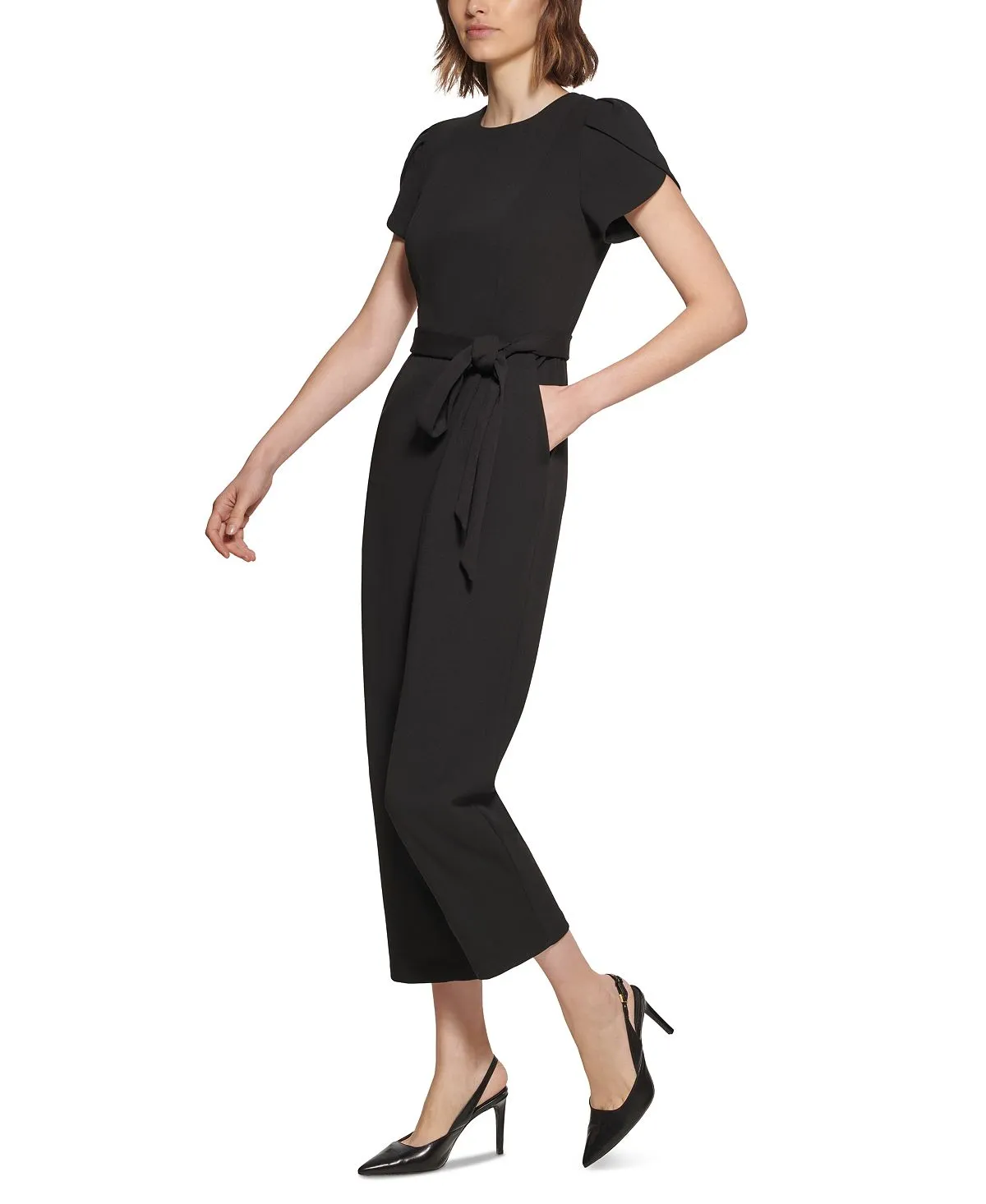 Calvin Klein Women's Tie Waist Tulip Sleeve Jumpsuit, Black