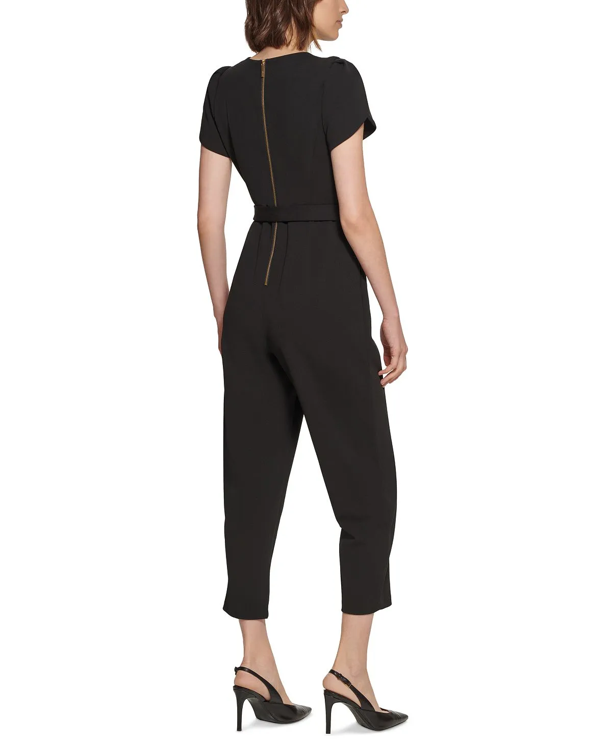 Calvin Klein Women's Tie Waist Tulip Sleeve Jumpsuit, Black