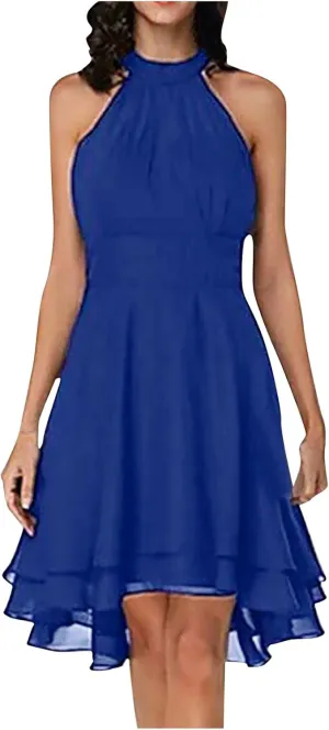 Chiffon Dresses for Women Sexy 2024 Double Layer Ruffle Halter a line Short Dress high Waist Sleeveless Mini Dress