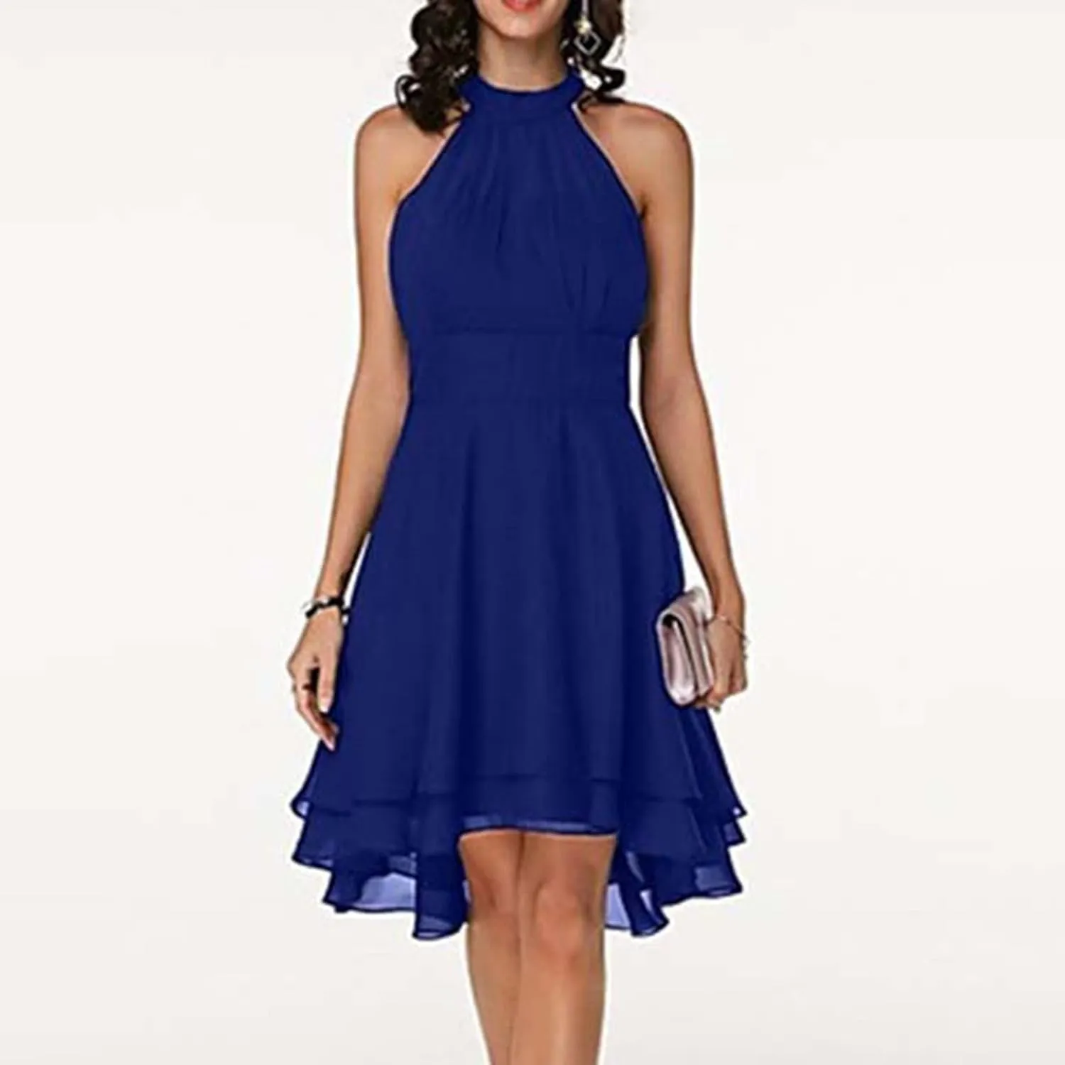 Chiffon Dresses for Women Sexy 2024 Double Layer Ruffle Halter a line Short Dress high Waist Sleeveless Mini Dress