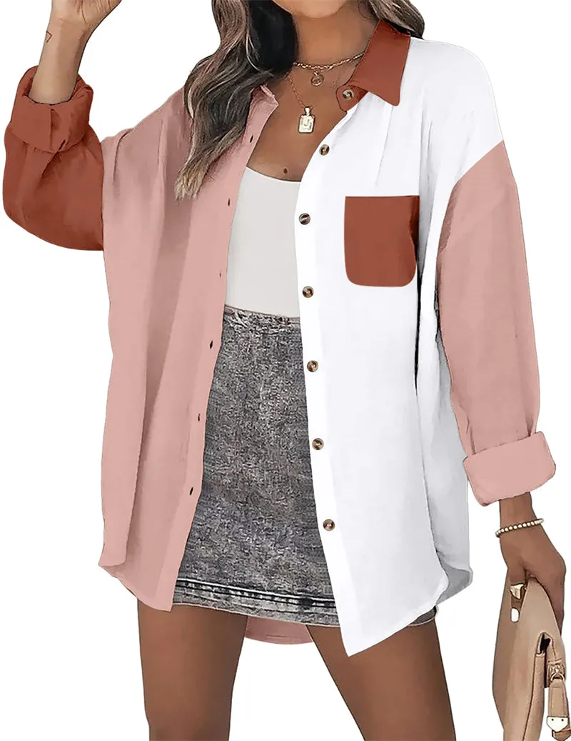 Color Block Button Down Shirts Long Sleeve Linen Shirt-Zeagoo