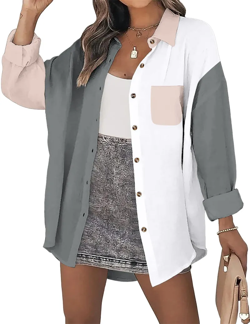Color Block Button Down Shirts Long Sleeve Linen Shirt-Zeagoo