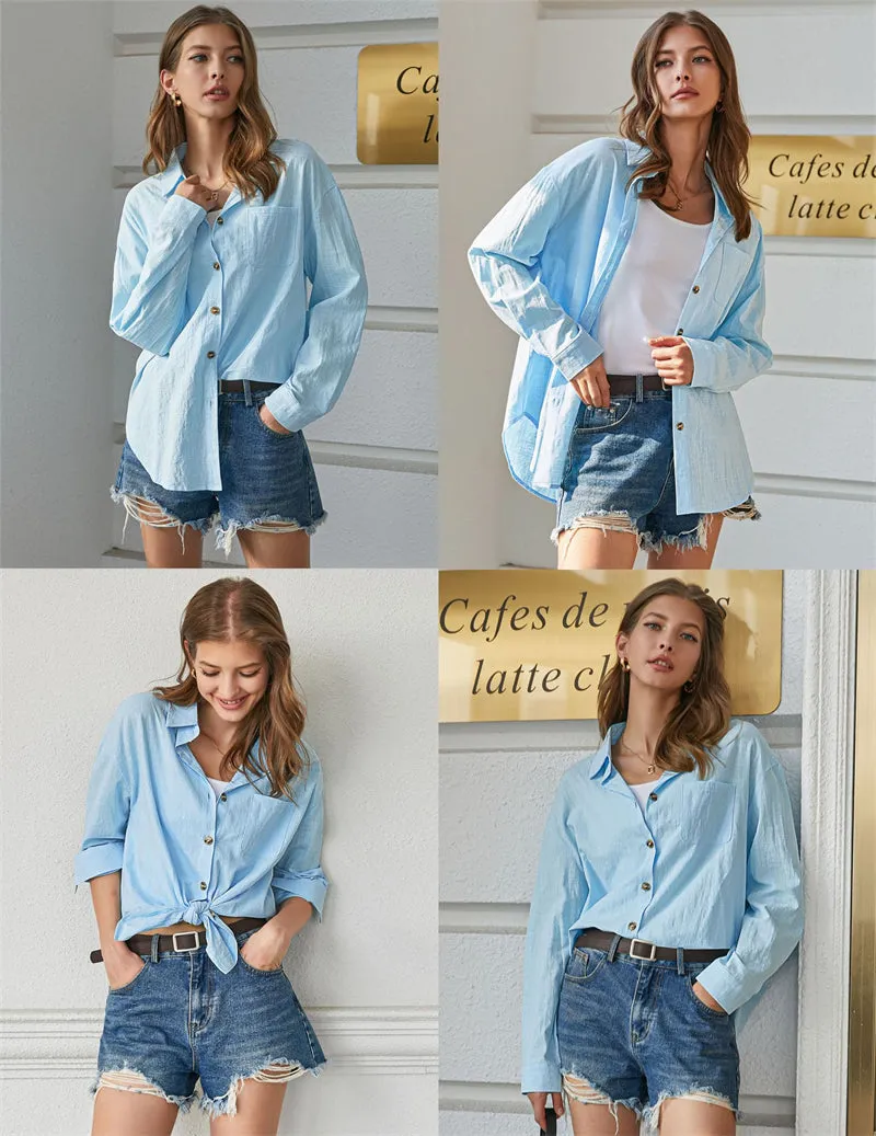 Color Block Button Down Shirts Long Sleeve Linen Shirt-Zeagoo