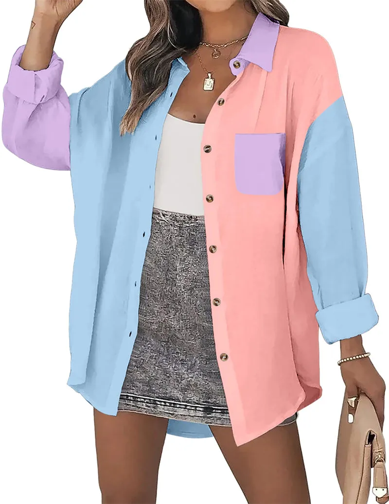 Color Block Button Down Shirts Long Sleeve Linen Shirt-Zeagoo