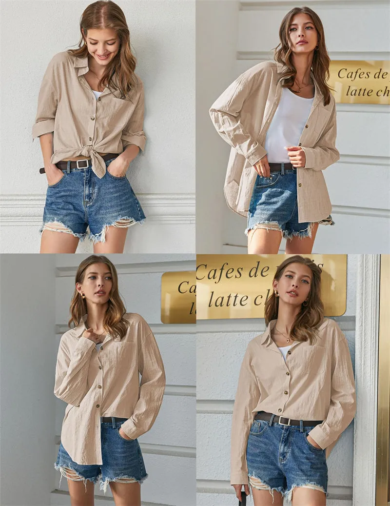 Color Block Button Down Shirts Long Sleeve Linen Shirt-Zeagoo