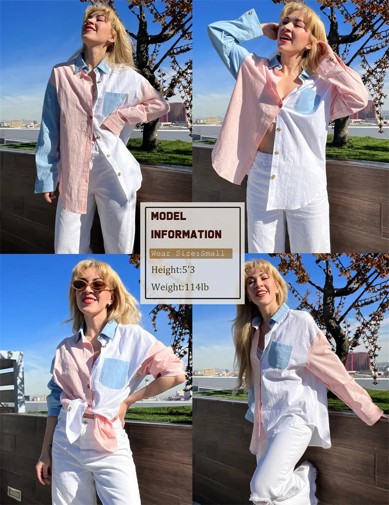 Color Block Button Down Shirts Long Sleeve Linen Shirt-Zeagoo