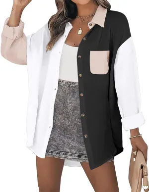 Color Block Button Down Shirts Long Sleeve Linen Shirt-Zeagoo