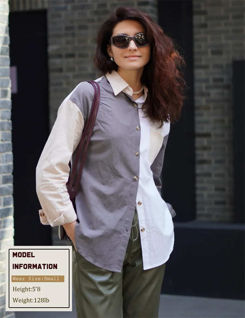 Color Block Button Down Shirts Long Sleeve Linen Shirt-Zeagoo