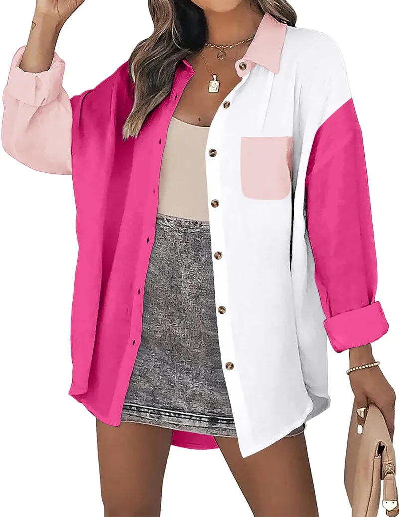 Color Block Button Down Shirts Long Sleeve Linen Shirt-Zeagoo