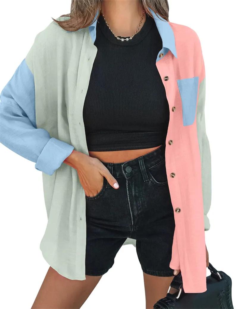 Color Block Button Down Shirts Long Sleeve Linen Shirt-Zeagoo