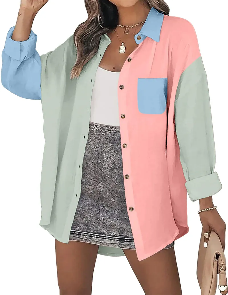 Color Block Button Down Shirts Long Sleeve Linen Shirt-Zeagoo