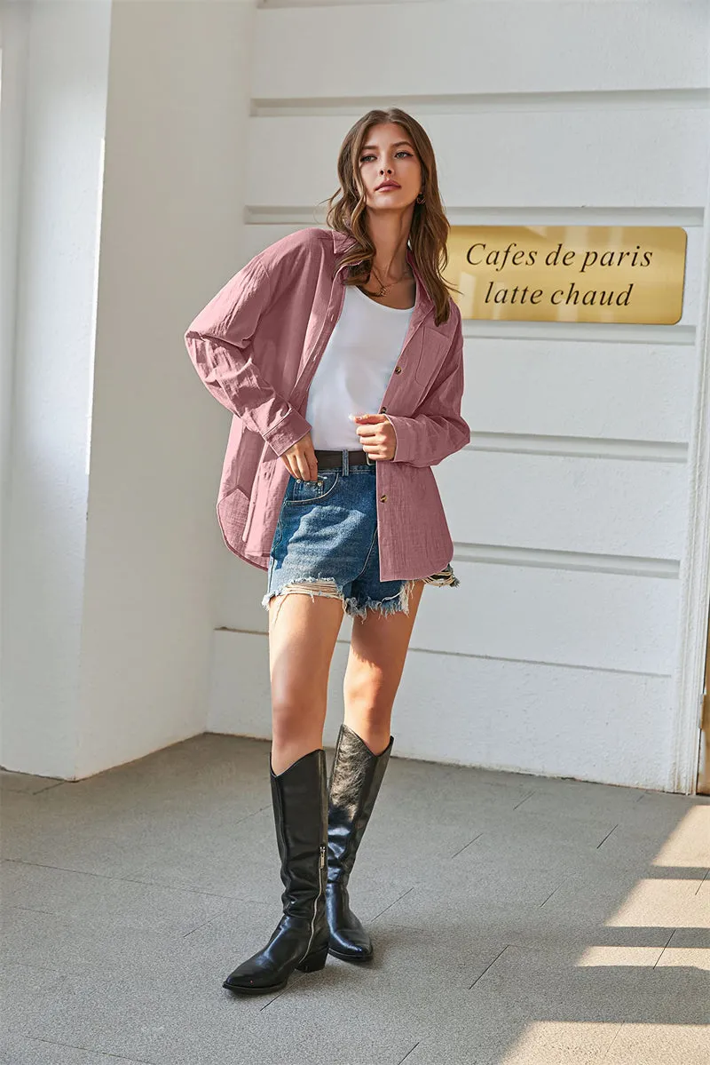 Color Block Button Down Shirts Long Sleeve Linen Shirt-Zeagoo