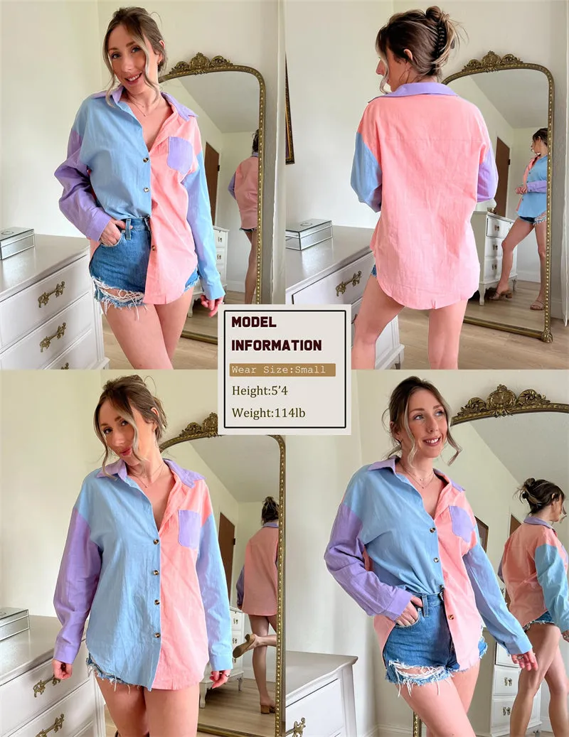Color Block Button Down Shirts Long Sleeve Linen Shirt-Zeagoo