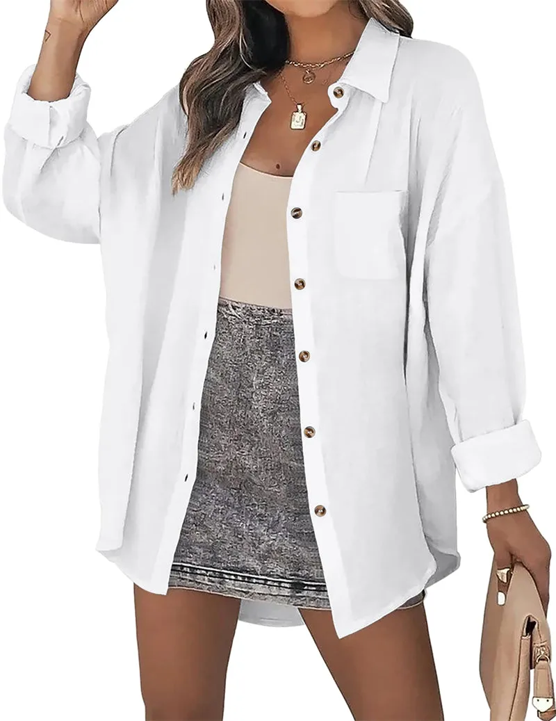Color Block Button Down Shirts Long Sleeve Linen Shirt-Zeagoo
