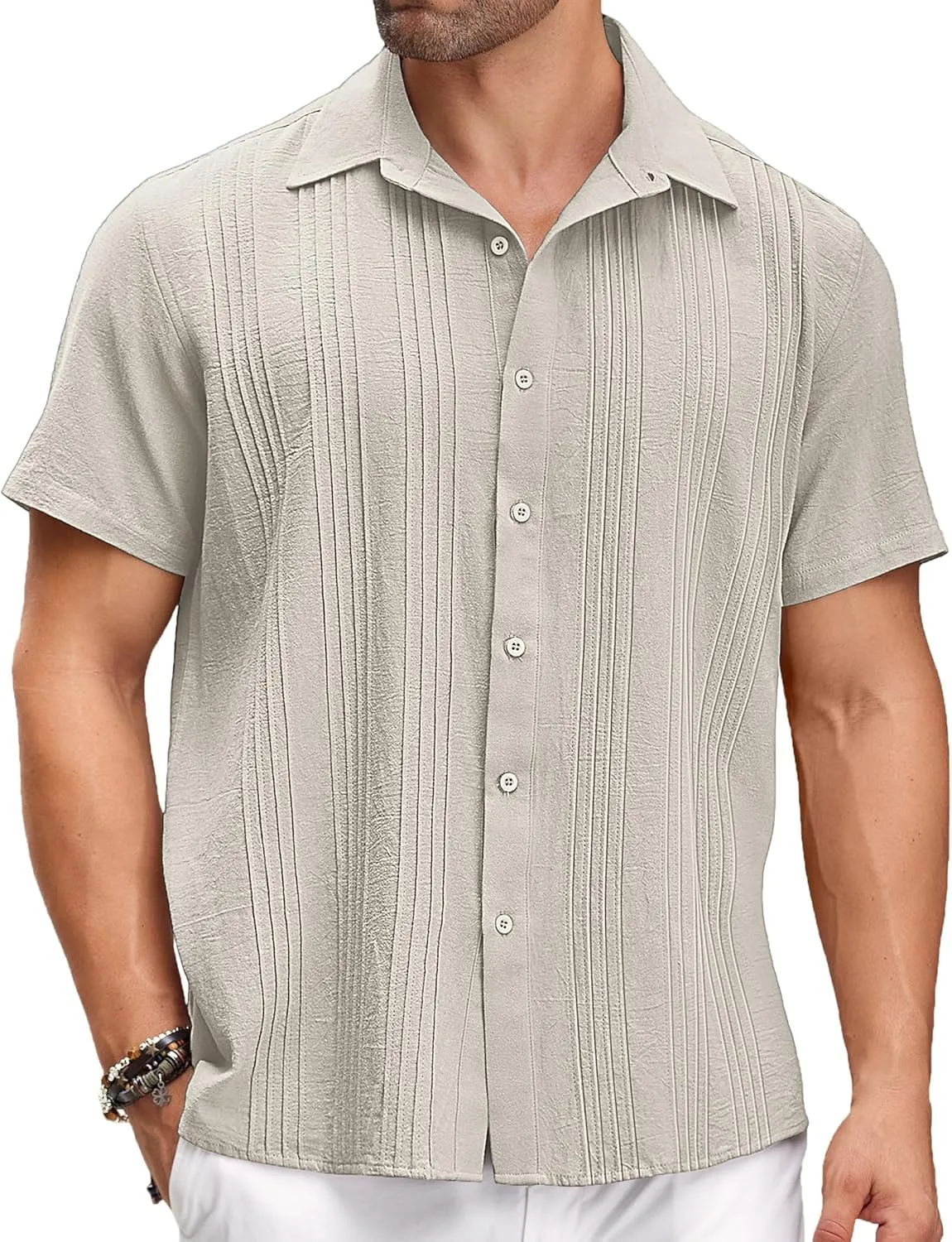 COOFANDY Men's Cuban Linen Shirt Short Sleeve Summer Beach Guayabera Shirts