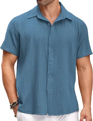 COOFANDY Men's Cuban Linen Shirt Short Sleeve Summer Beach Guayabera Shirts