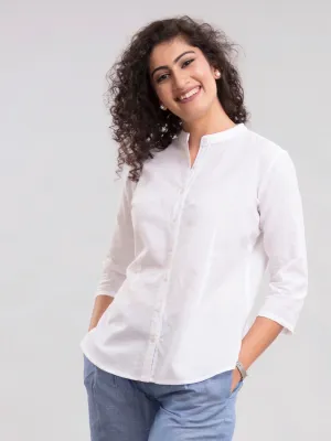 Cotton Mandarin Collar Shirt - White