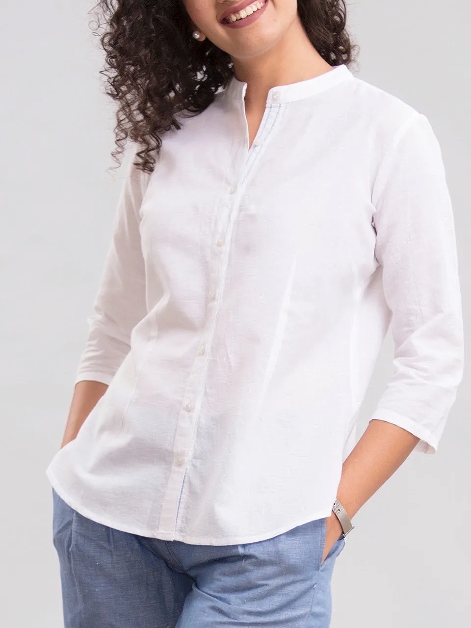 Cotton Mandarin Collar Shirt - White