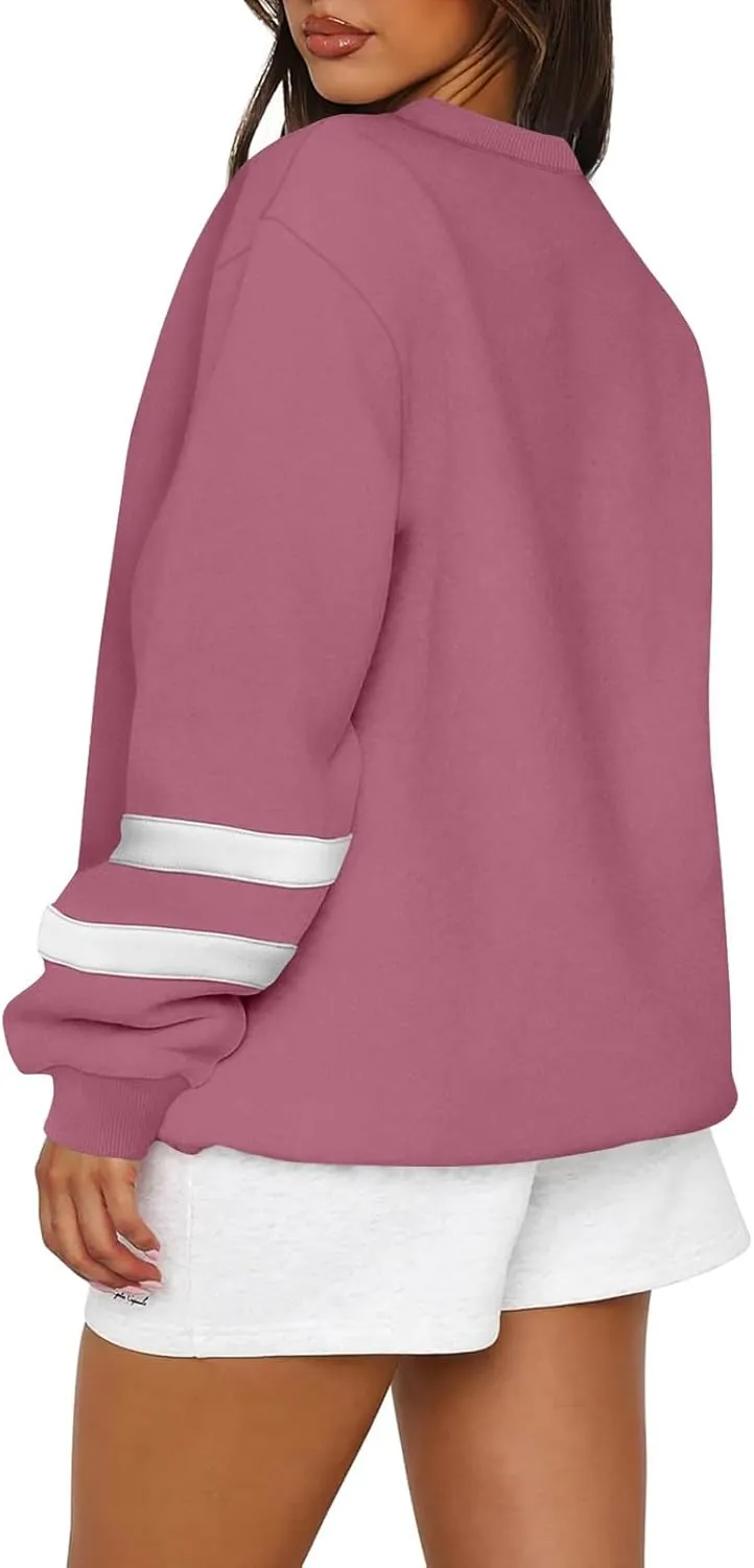 Crew Neck Sweatshirts Women Plus Size Fleece Striped Sweatshirt Oversized Athletic Active Drop Shoulder Pullover