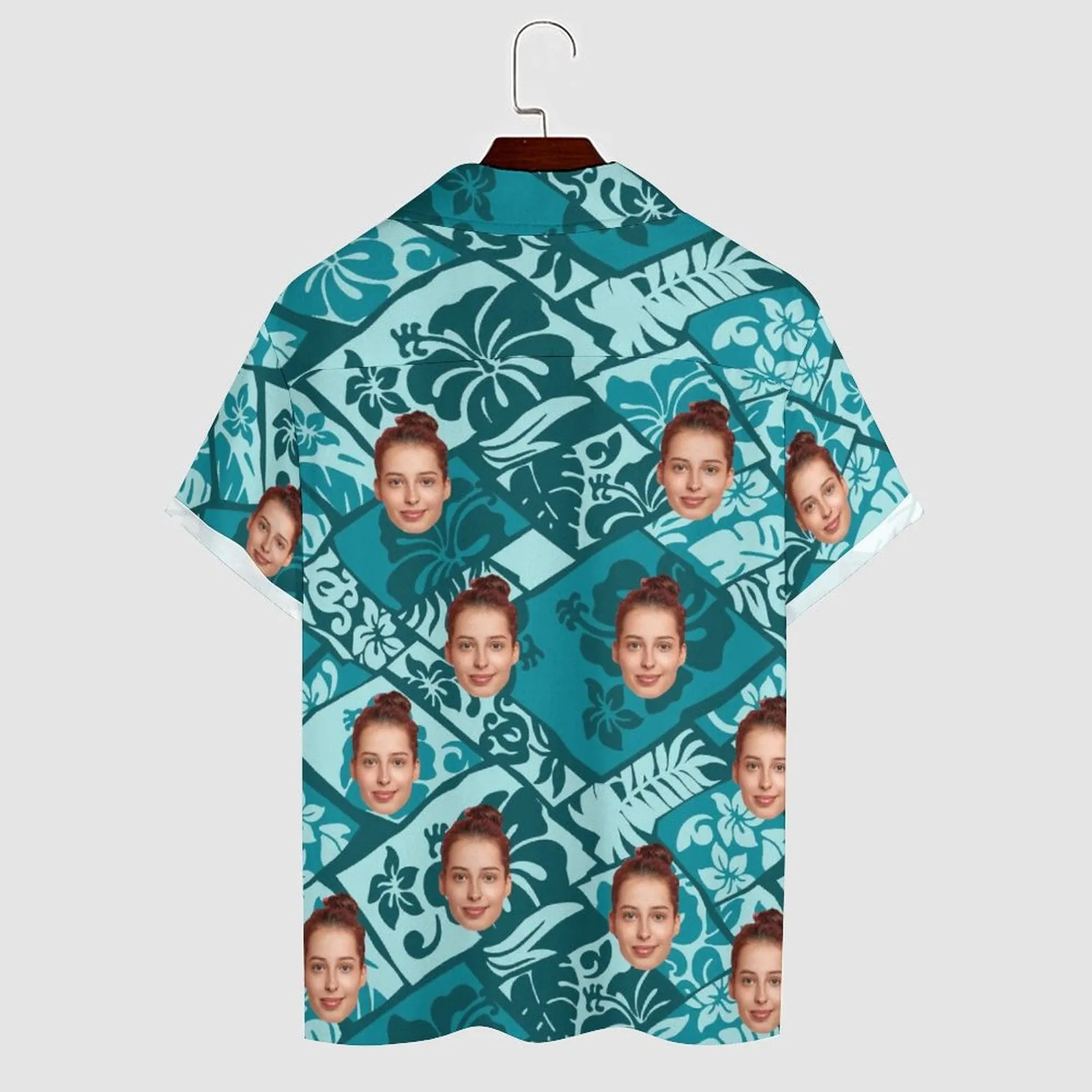 Custom Face Pattern Splicing Green Men's Lapel Shirt Cuban Collar Hawaiian Shirt