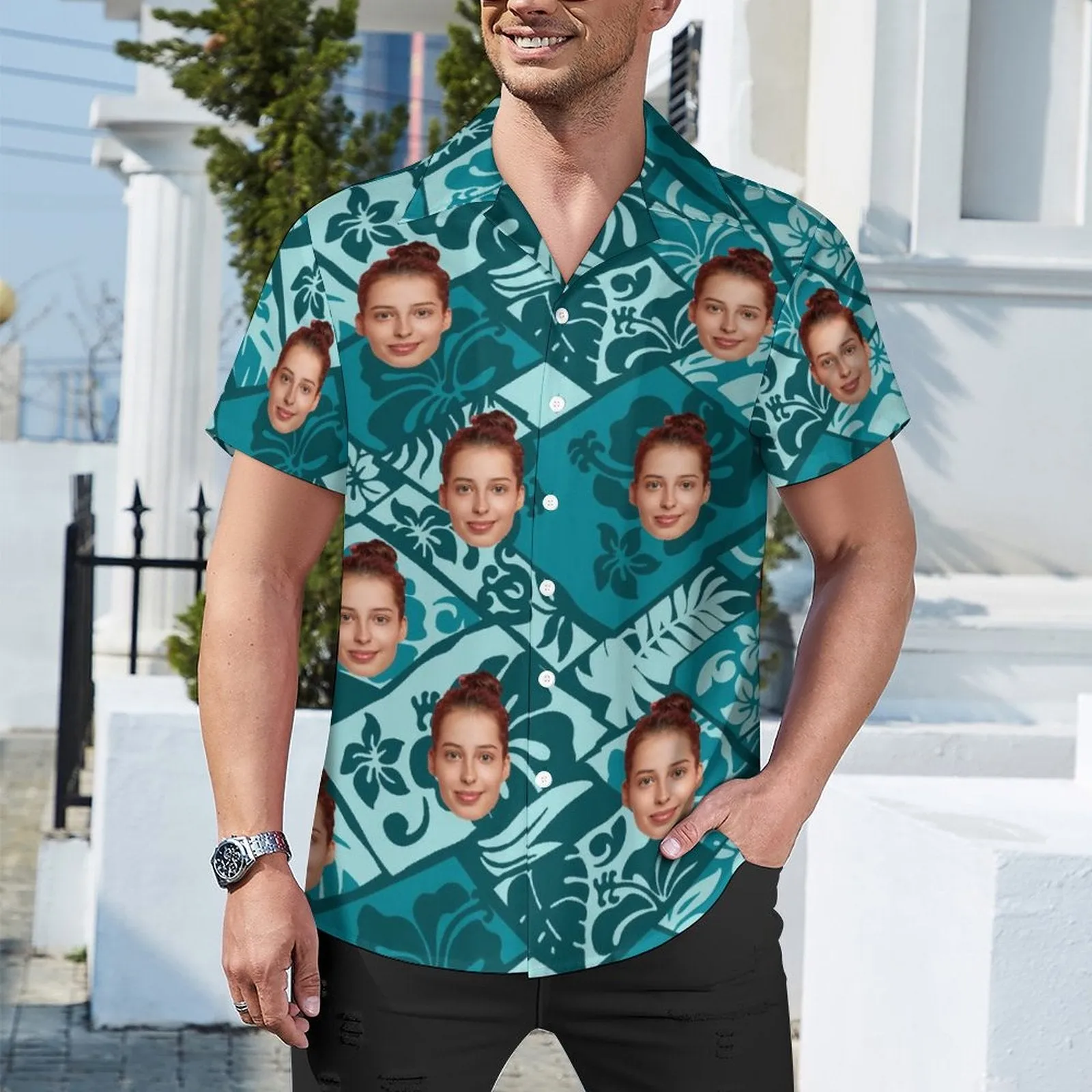 Custom Face Pattern Splicing Green Men's Lapel Shirt Cuban Collar Hawaiian Shirt