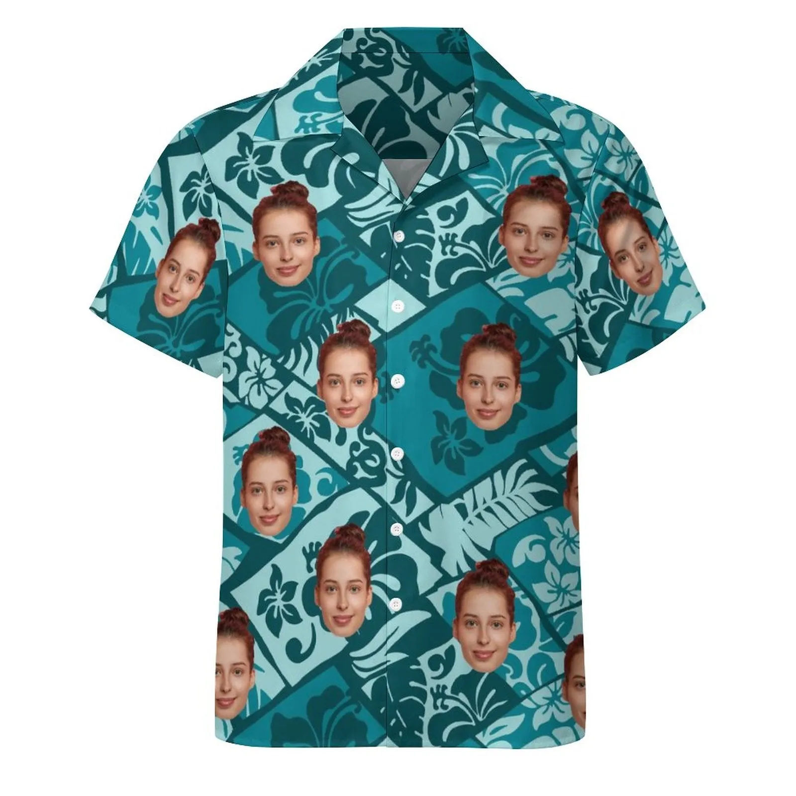 Custom Face Pattern Splicing Green Men's Lapel Shirt Cuban Collar Hawaiian Shirt