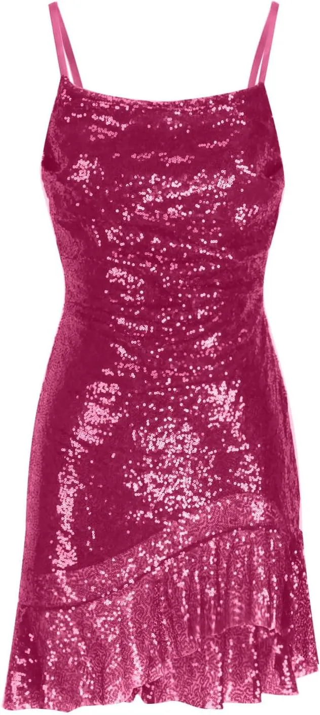 DDAPJ pyju Women's Sequin Sparkly Glitter Dress Sexy Ruffle Spaghetti Strap Sleeveless Mini Dress Party Club Bodycon Dresses