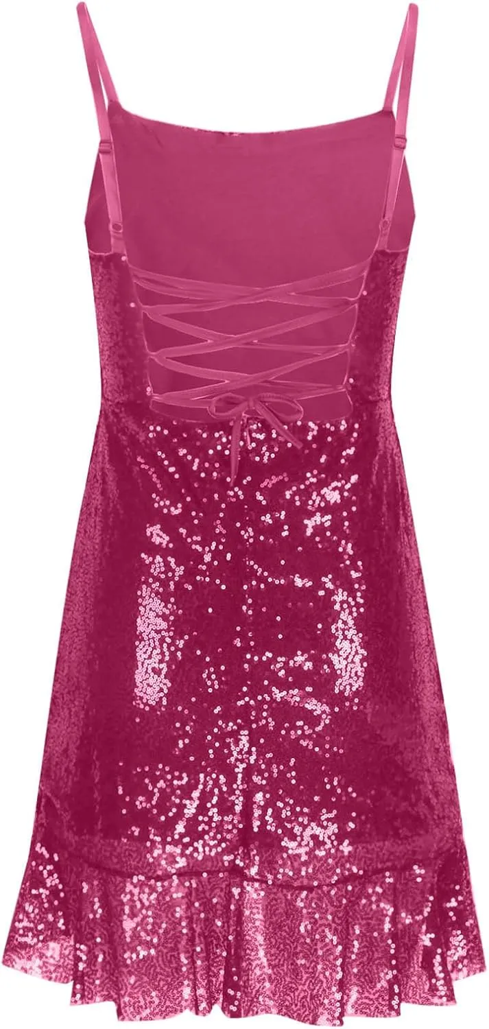 DDAPJ pyju Women's Sequin Sparkly Glitter Dress Sexy Ruffle Spaghetti Strap Sleeveless Mini Dress Party Club Bodycon Dresses
