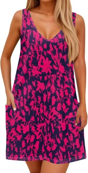 Dresses for Women 2025 Summer Floral Mini Dress V Neck Flowy Dresses Beach Sundress with Pockets