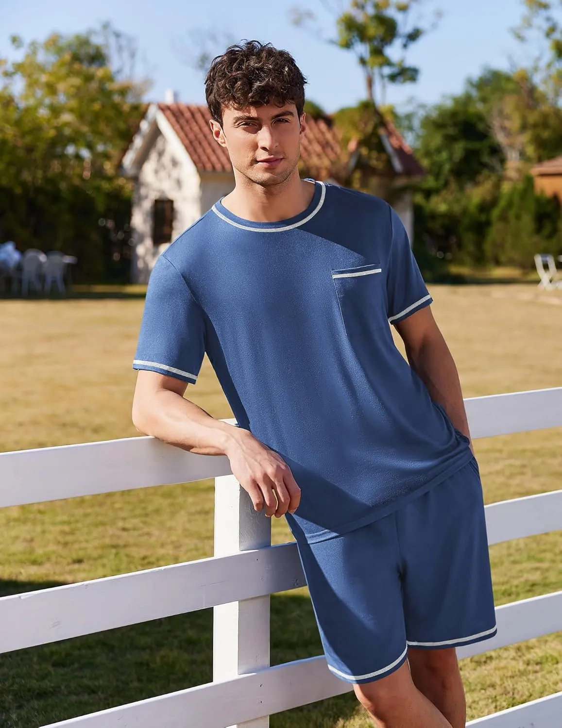 Ekouaer Men's Pajamas Set Casual Short Sleeve Shirts and Shorts Soft 2 Piece Loungewear With Pockets