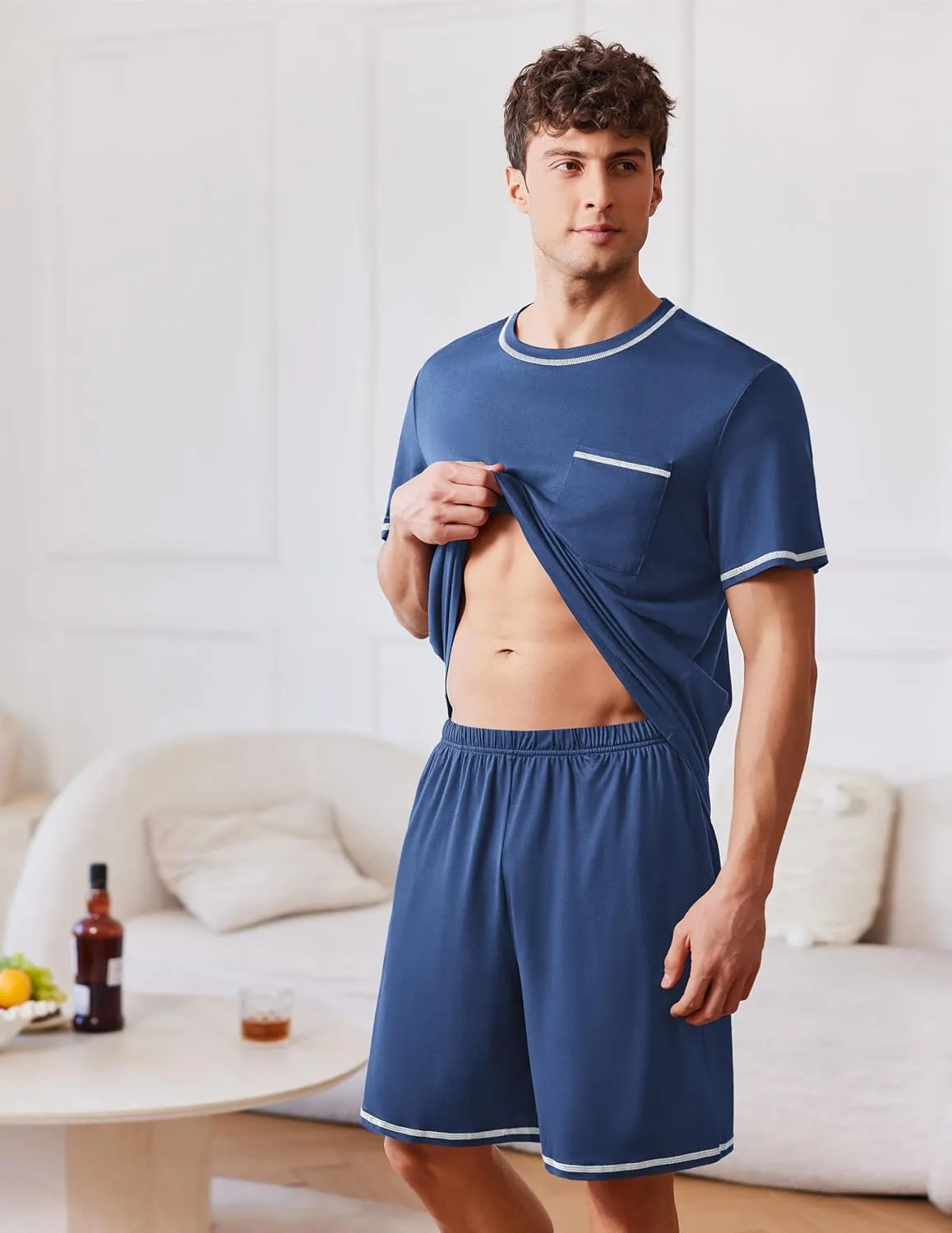 Ekouaer Men's Pajamas Set Casual Short Sleeve Shirts and Shorts Soft 2 Piece Loungewear With Pockets