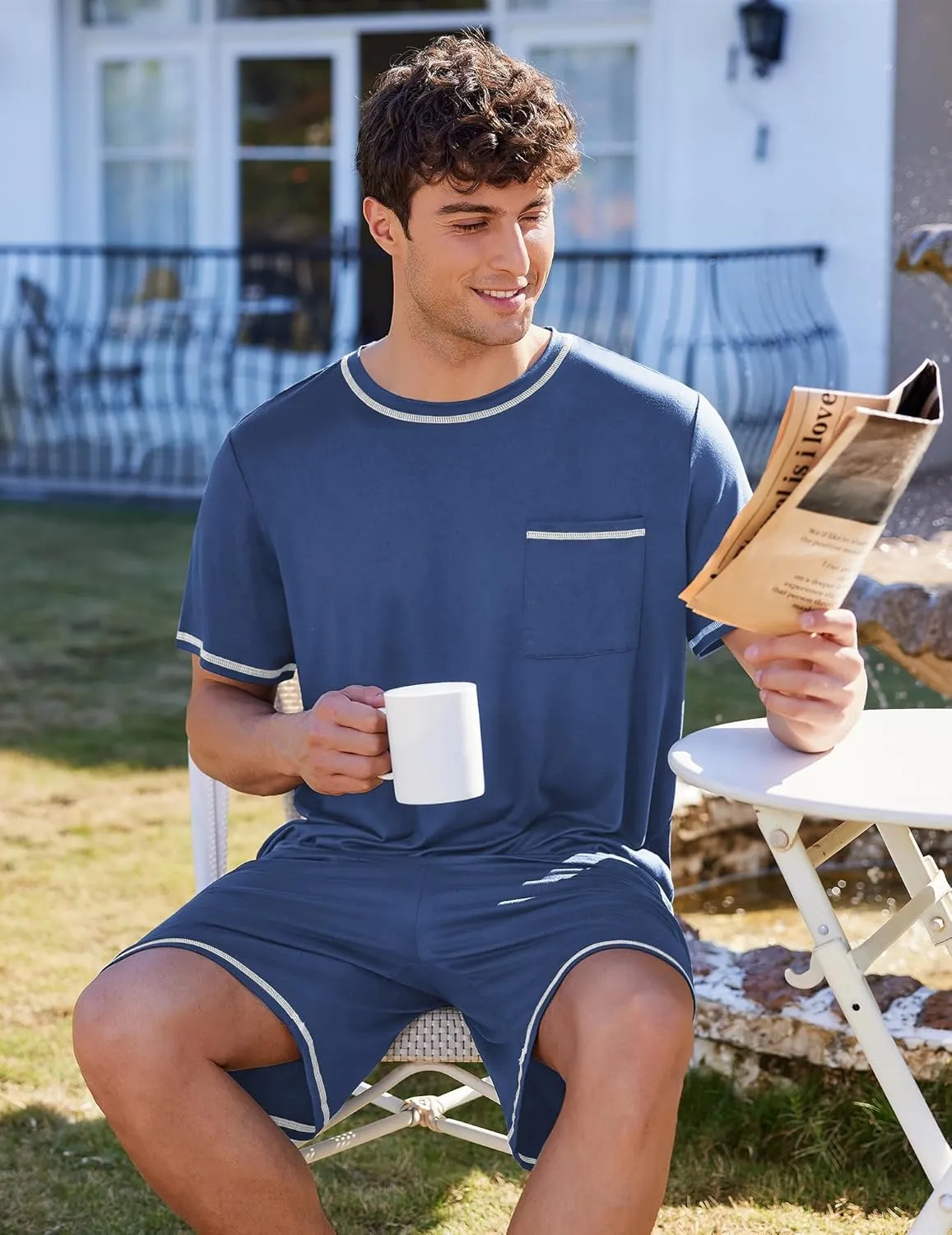 Ekouaer Men's Pajamas Set Casual Short Sleeve Shirts and Shorts Soft 2 Piece Loungewear With Pockets