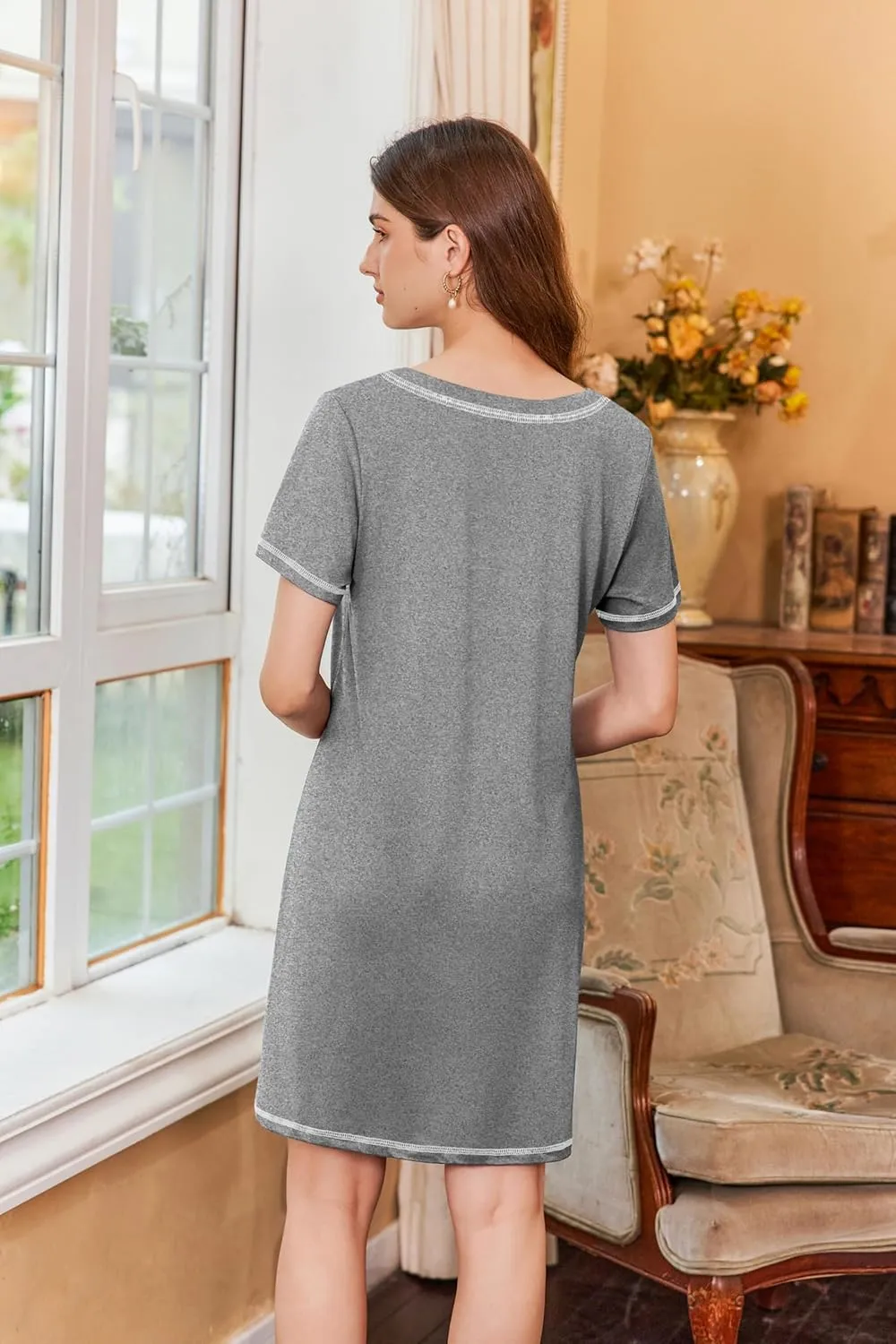 Ekouaer Nightgowns for Women Short Sleeve Sleep Shirts V Neck Nightshirts Soft Sleepshirt Caual T Shirt Sleepdress