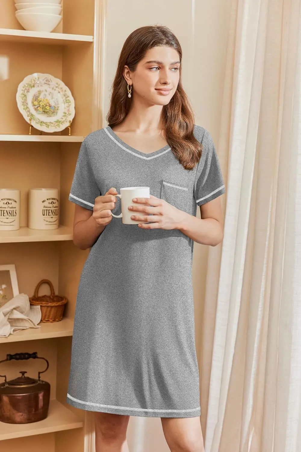 Ekouaer Nightgowns for Women Short Sleeve Sleep Shirts V Neck Nightshirts Soft Sleepshirt Caual T Shirt Sleepdress