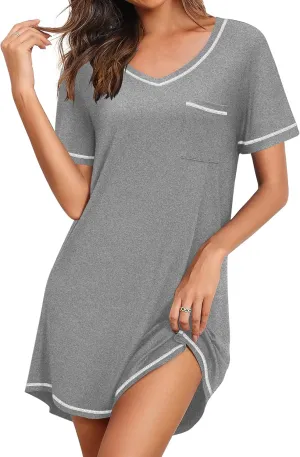 Ekouaer Nightgowns for Women Short Sleeve Sleep Shirts V Neck Nightshirts Soft Sleepshirt Caual T Shirt Sleepdress