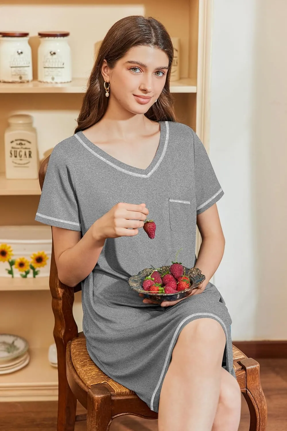 Ekouaer Nightgowns for Women Short Sleeve Sleep Shirts V Neck Nightshirts Soft Sleepshirt Caual T Shirt Sleepdress