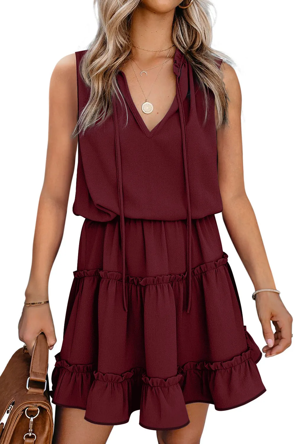 Elegant Drawstring Front Layered Ruffle Mini Dress