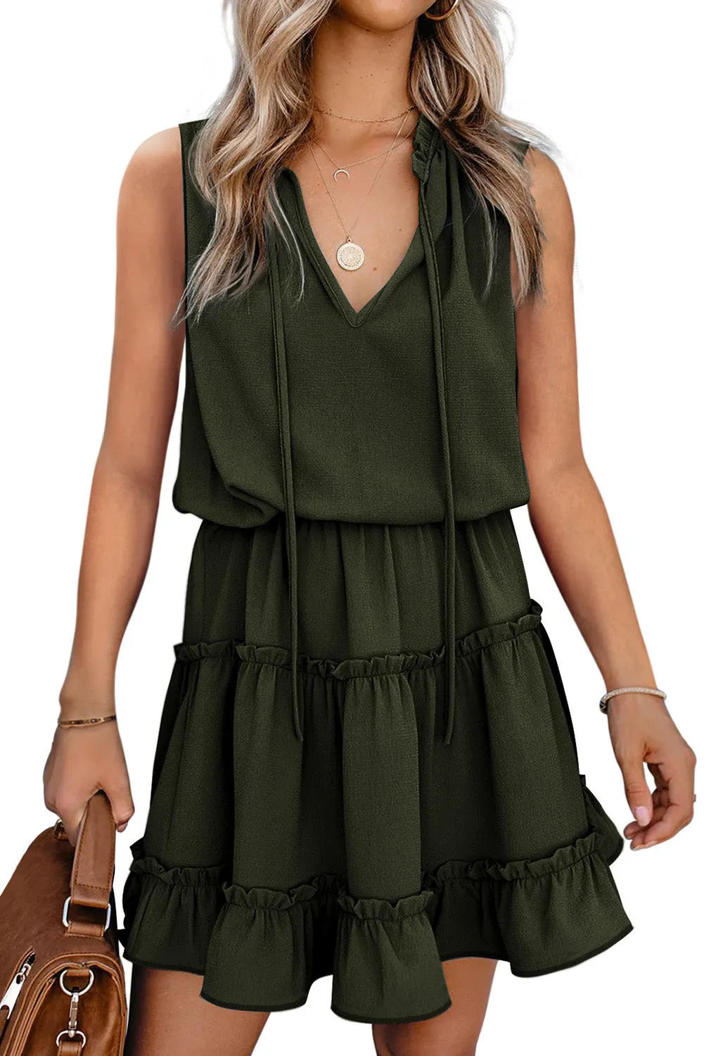 Elegant Drawstring Front Layered Ruffle Mini Dress