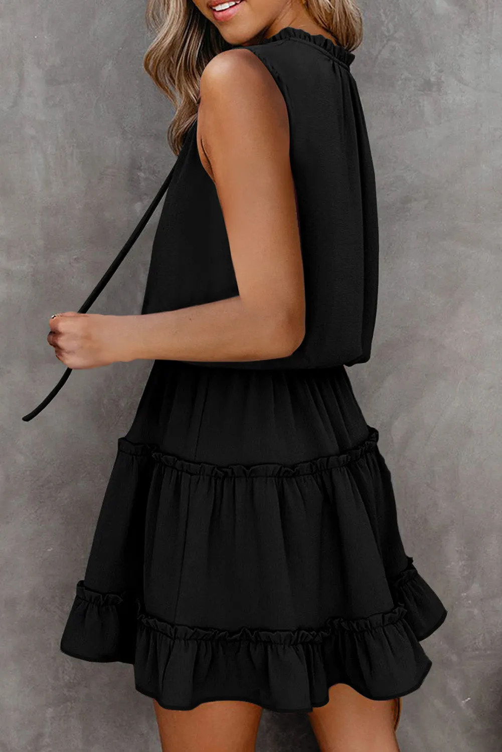 Elegant Drawstring Front Layered Ruffle Mini Dress
