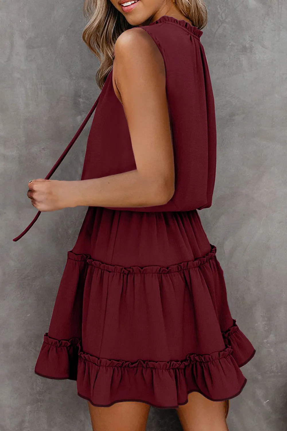 Elegant Drawstring Front Layered Ruffle Mini Dress