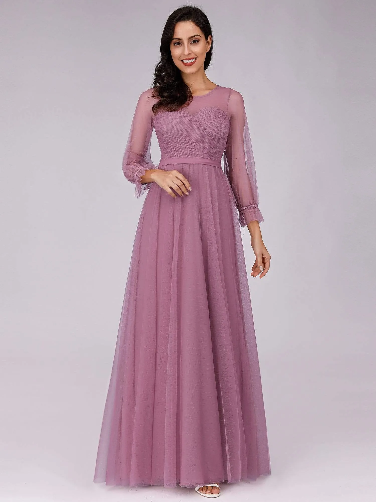 Elegant Floor Length Tulle Bridesmaid Dress with Long Sleeve