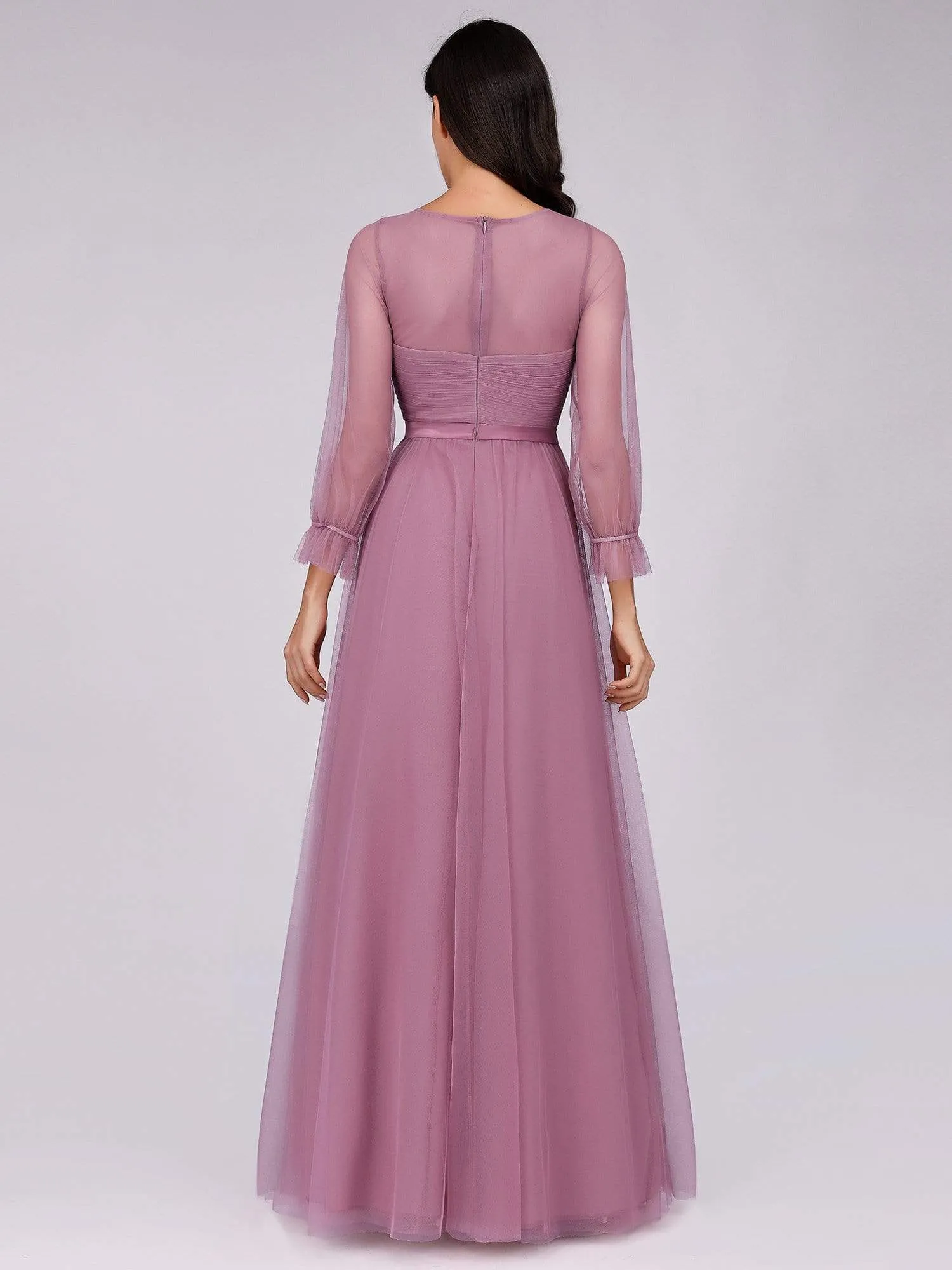 Elegant Floor Length Tulle Bridesmaid Dress with Long Sleeve