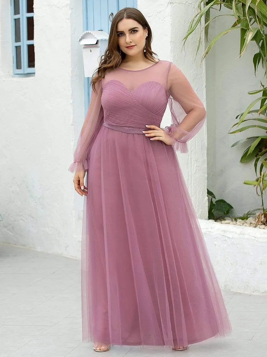 Elegant Floor Length Tulle Bridesmaid Dress with Long Sleeve